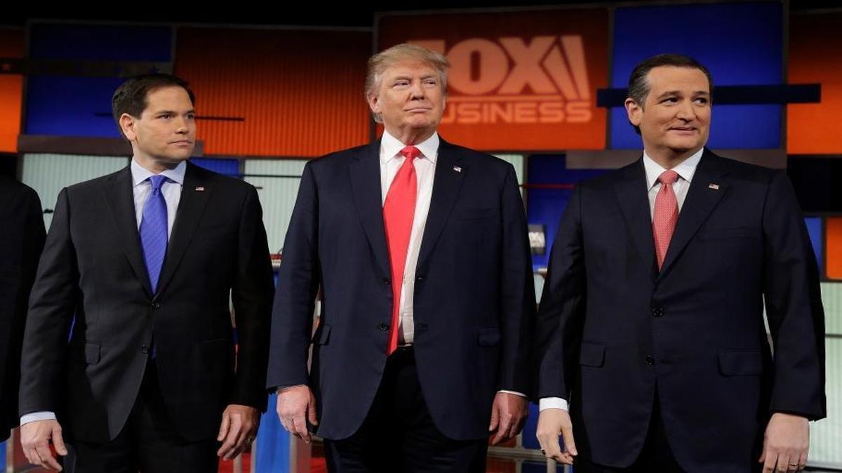 Republican presidential candidates Marco Rubio, Donald Trump and Ted Cruz