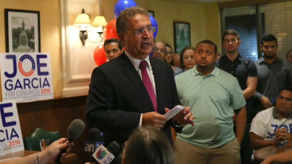 Joe Garcia gives his victory speech after winning the Democratic primary for Florida’s 26th congressional district Aug. 30.