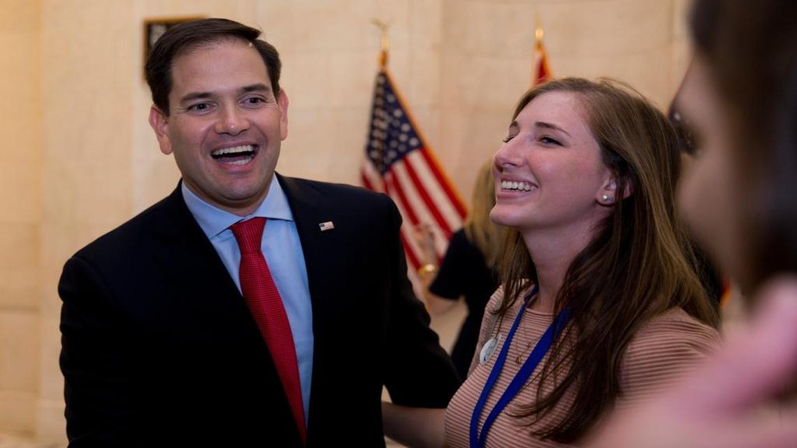 Sen. Marco Rubio greets people outside his office on Capitol Hill in Washington, Wednesday, June 22, 2016.