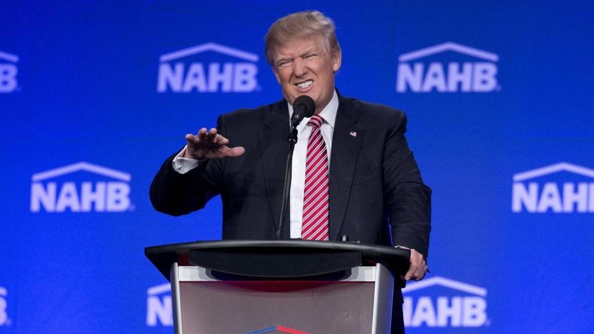 GOP presidential candidate Donald Trump speaks to members of the National Association of Home Builders at the Fontainebleau Hotel in Miami Beach in August 2016.