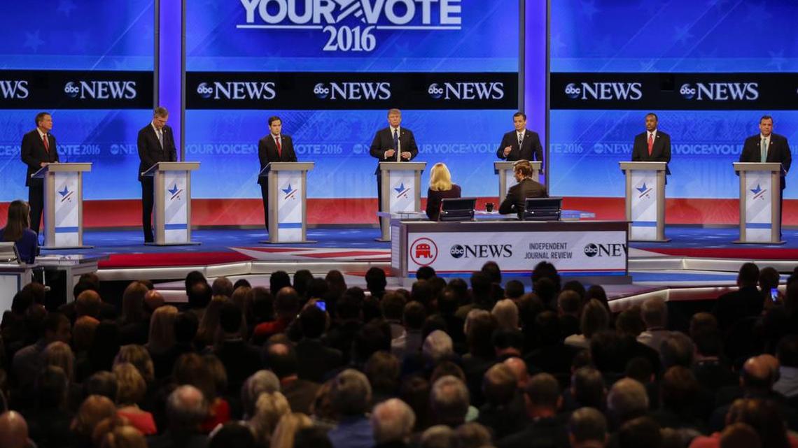 Republican presidential candidates, Ohio Gov. John Kasich, former Florida Gov. Jeb Bush, Sen. Marco Rubio, R-Fla., businessman Donald Trump, Sen. Ted Cruz, R-Texas, retired neurosurgeon Ben Carson and New Jersey Gov. Chris Christie (L-R) line up on the stage at the beginning of a Republican presidential primary debate hosted by ABC News at the St. Anselm College Saturday, Feb. 6, 2016, in Manchester, N.H.