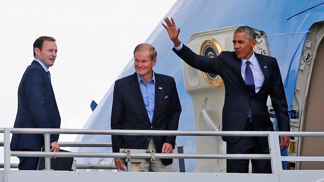 U.S. Rep. Patrick Murphy and U.S. Sen. Bill Nelson board Air Force One with President Barack Obama at Miami International Airport on Nov. 3.
