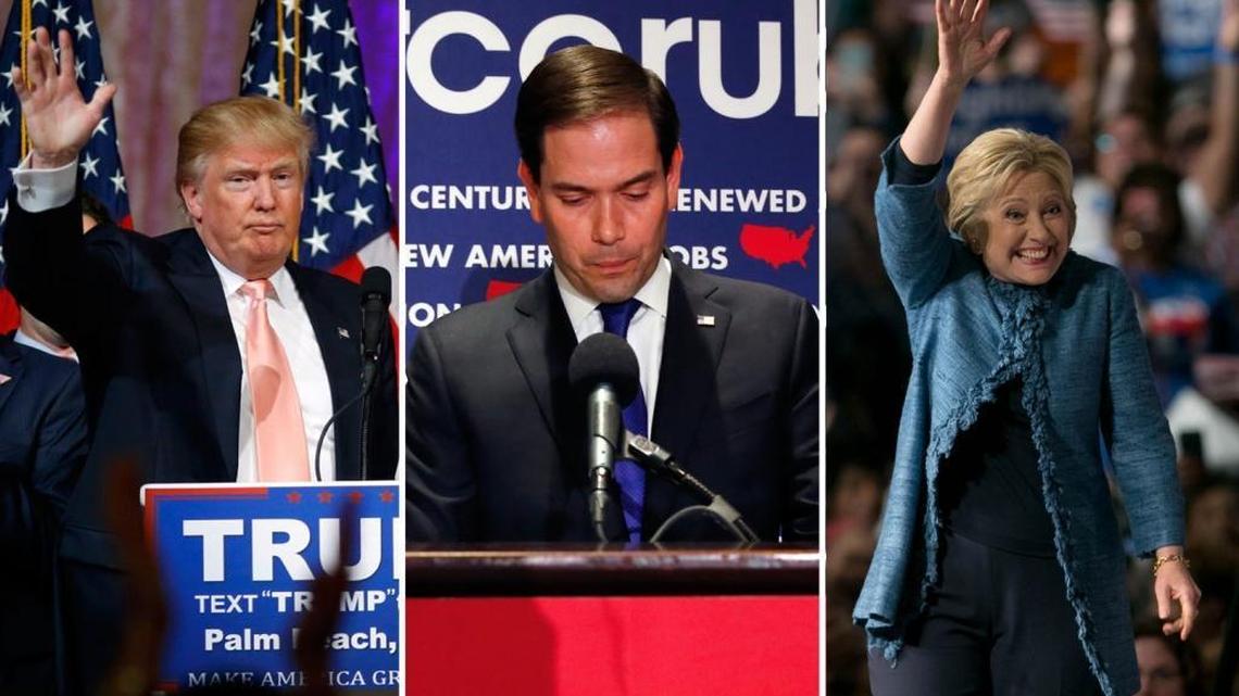 Donald Trump, left, and Hillary Clinton, right, dominated Florida’s presidential primary Tuesday while Marco Rubio, center, suspended his campaign.
