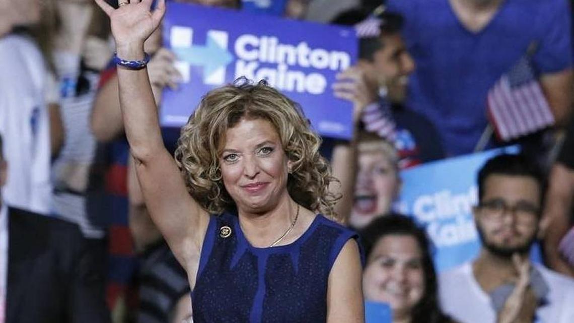 Debbie Wasserman Schultz at a Hillary Clinton campaign appearance at Florida International University on July 23.