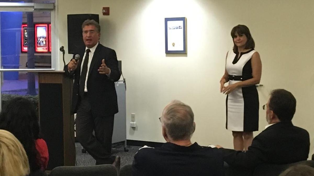 Joe Garcia and Annette Taddeo respond to questions from voters at Tuesday’s Kendall Federation of Homeowner Associations forum.