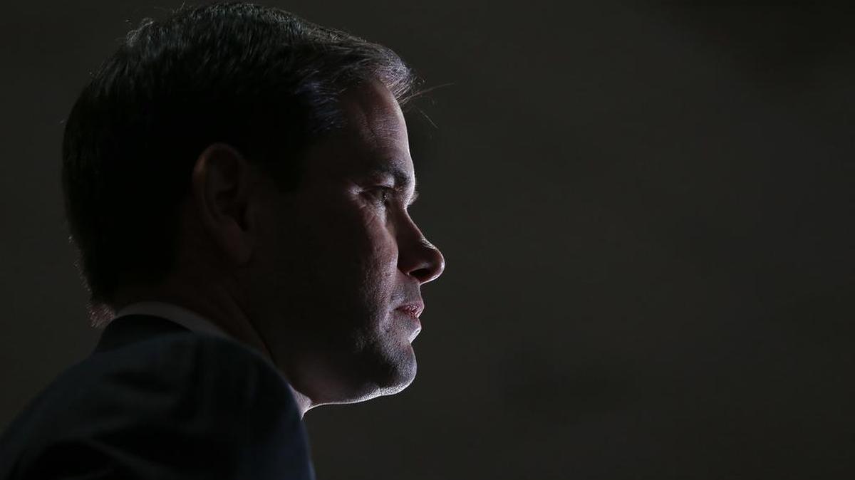 Republican presidential candidate, Sen. Marco Rubio, R-Fla., listens at a campaign rally in Jacksonville on Saturday, March 5, 2016.