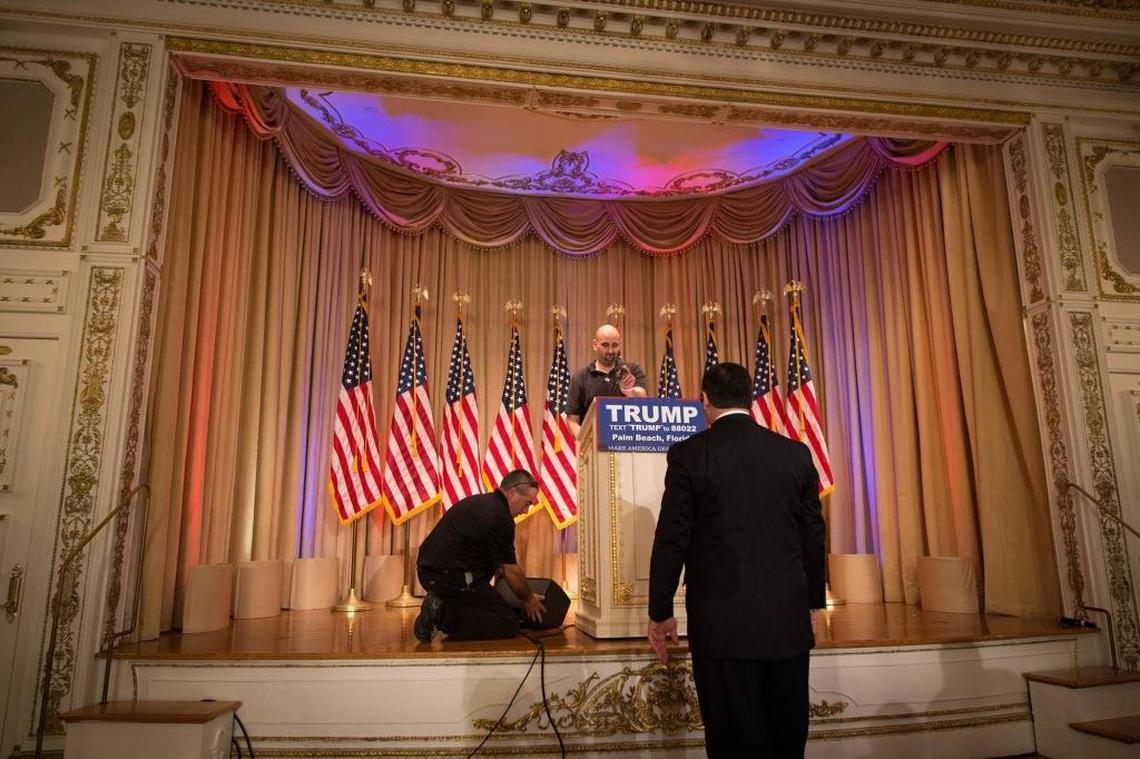 The White and Gold Ballroom at Mar-A-Lago is setup for Donald J. Trump’s Super Tuesday press conference at Mar-A-Lago in Palm Beach, Florida on Tues., March 1, 2016.