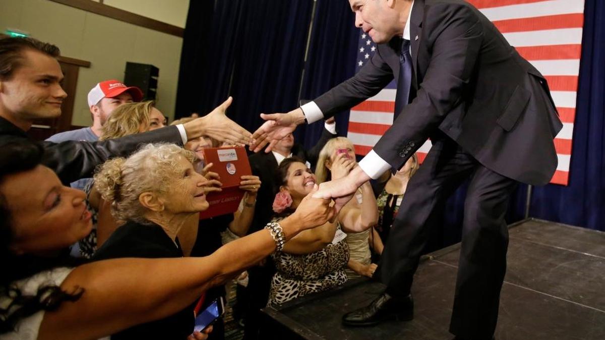 Sen. Marco Rubio, R-Fla. greets supporters at a primary election party, Tuesday, Aug. 30, 2016, in Kissimmee.