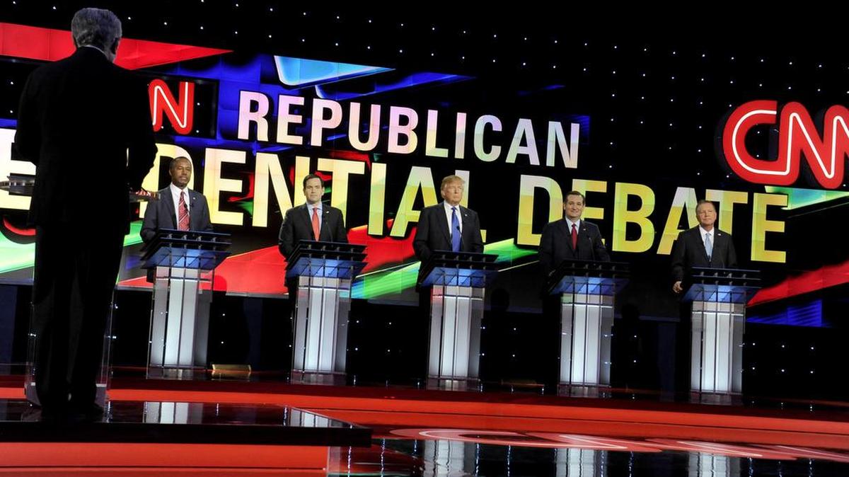 From left, Republican presidential candidates, retired neurosurgeon Ben Carson, Sen. Marco Rubio, R-Fla., businessman Donald Trump, Sen. Ted Cruz, R-Texas, and Ohio Gov. John Kasich prepare in a Republican presidential primary debate at The University of Houston, Thursday, Feb. 25, 2016, in Houston.