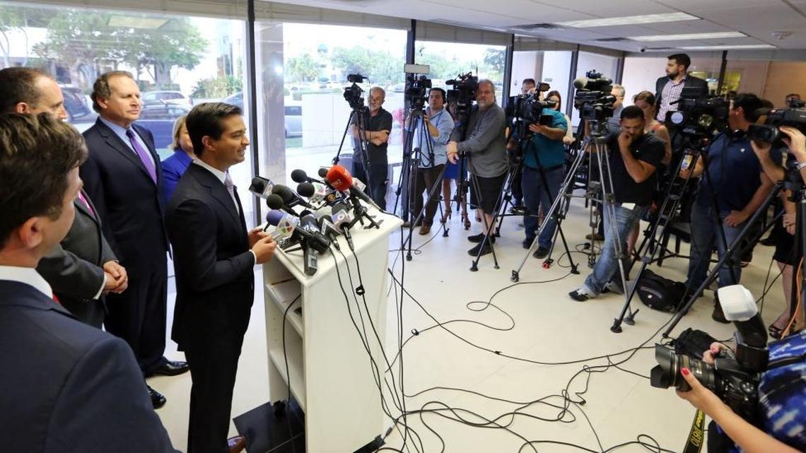 Rep. Carlos Curbelo speaks at a February press conference endorsing Marco Rubio for president. He was joined, among others, by fellow Miami Republican Reps. Mario Diaz-Balart and Ileana Ros-Lehtinen.