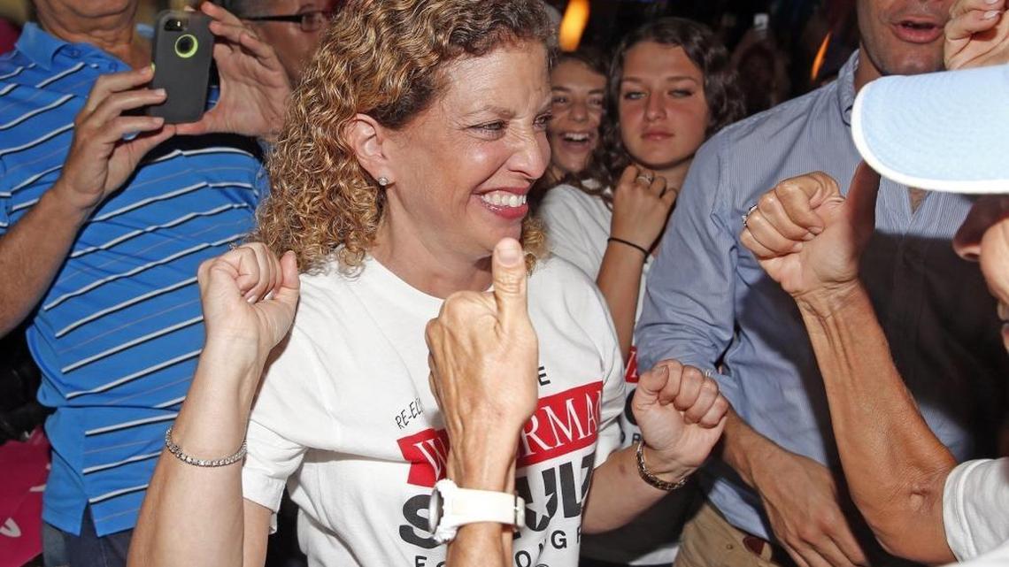U.S. Rep. Debbie Wasserman Schultz arrives at her primary watch party in Sunrise as supporters greet her on Tuesday night.