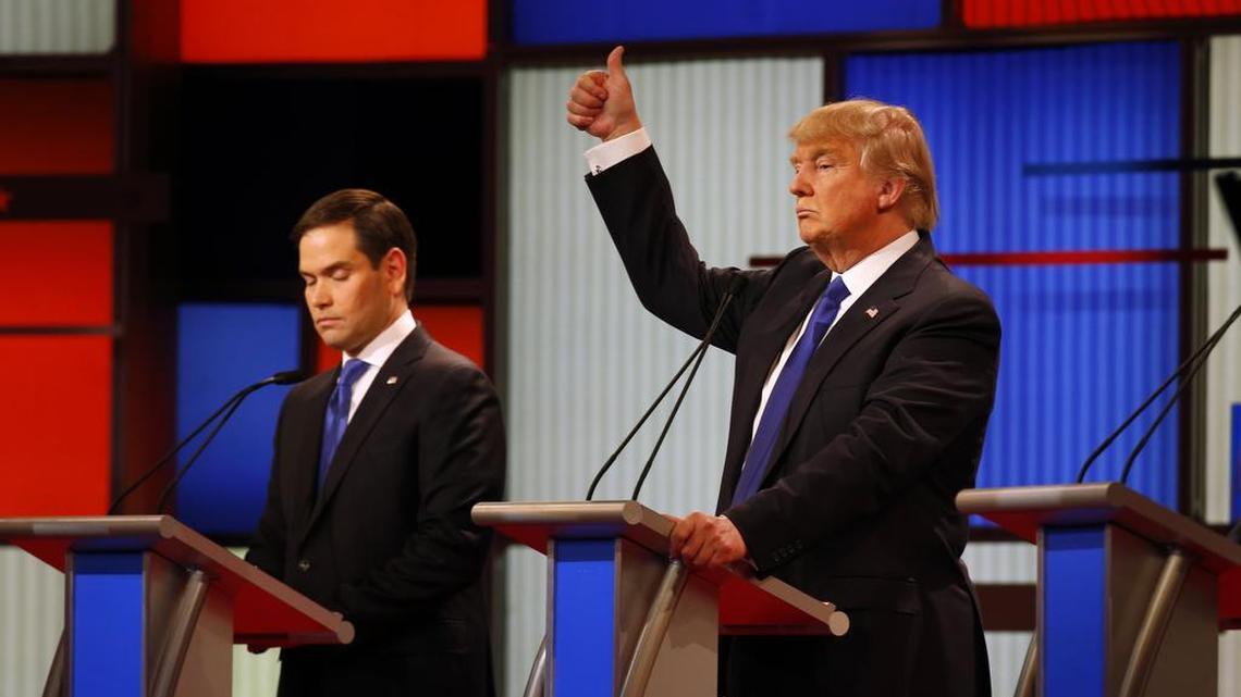 Donald Trump and Sen. Marco Rubio listen to a question during a Republican presidential primary debate held in Detroit in March.