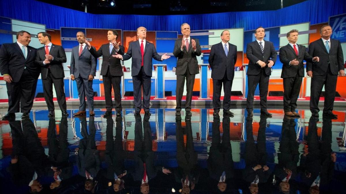 
Candidates from left take the stage for the first Republican presidential debate on Aug. 6 at the Quicken Loans Arena in Cleveland. They face off again Wednesday at the Ronald Reagan Presidential Library in Simi Valley, California.
