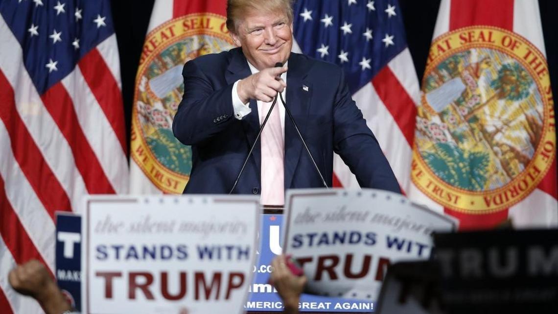 Donald Trump delivers a speech during his first presidential campaign rally in Florida at the Trump National Doral resort in October.