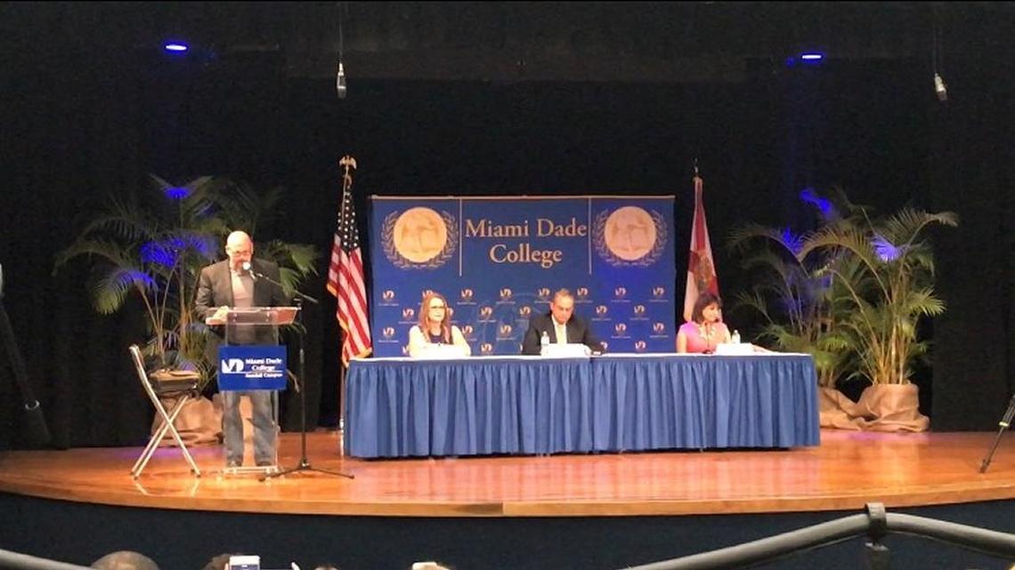 State Senate candidates Ana Rivas Logan, Lorenzo Palomares and Annette Taddeo debate at a forum Wednesday night at Miami Dade College’s Kendall Campus.