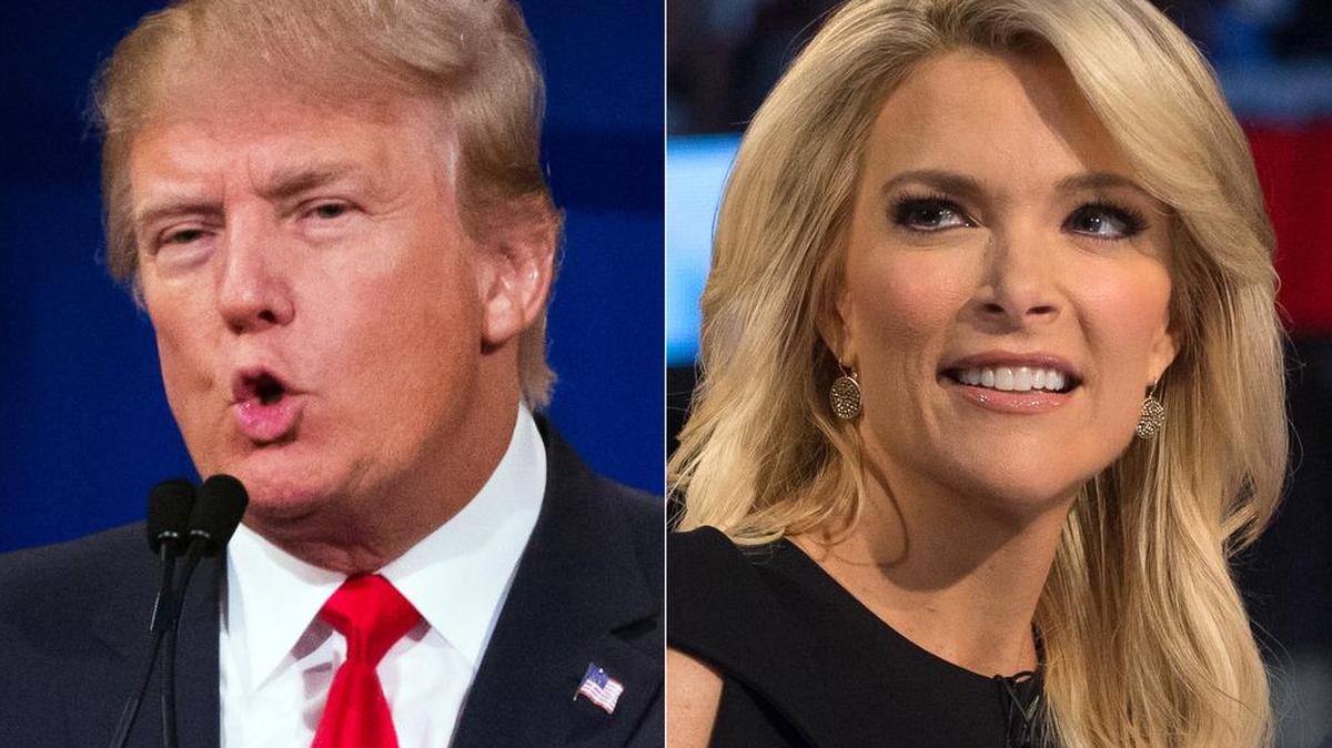 
This combination made from Aug. 6, 2015 photos shows republican presidential candidate Donald Trump, left, and Fox News Channel host and moderator Megyn Kelly during the first Republican presidential debate at the Quicken Loans Arena, in Cleveland. Angry over what he considered unfair treatment at the debate, Trump told CNN on Friday night that Kelly had "blood coming out of her eyes, blood coming out of her wherever." 

