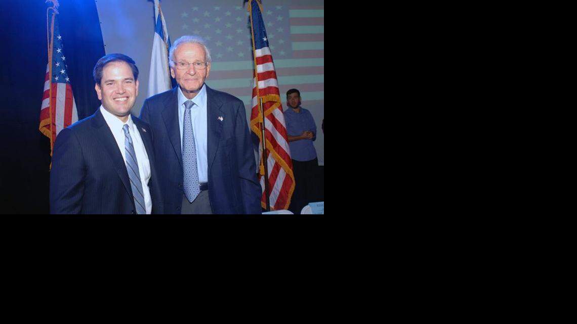 Billionaire Norman Braman, right, and Sen. Marco Rubio are pictured at a 2012 Greater Miami Jewish Federation bipartisan rally for Israel solidarity.