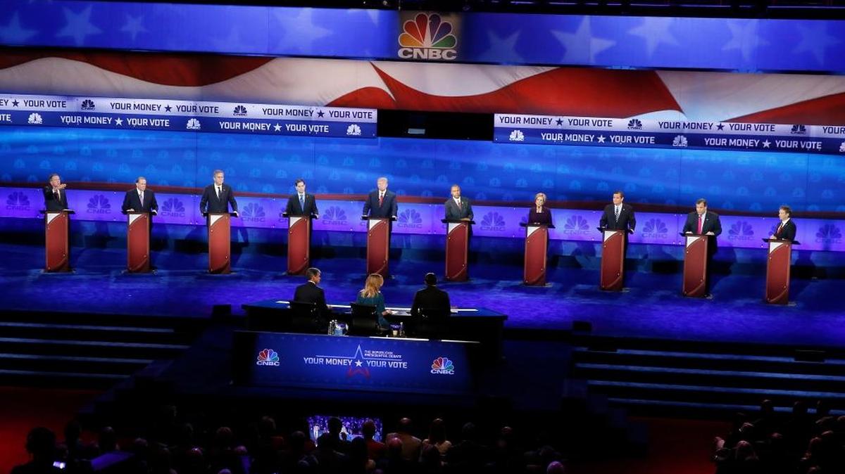Republican presidential candidates, from left, John Kasich, Mike Huckabee, Jeb Bush, Marco Rubio, Donald Trump, Ben Carson, Carly Fiorina, Ted Cruz, Chris Christie, and Rand Paul appear during the CNBC Republican presidential debate at the University of Colorado, Wednesday, Oct. 28, 2015, in Boulder, Colo.