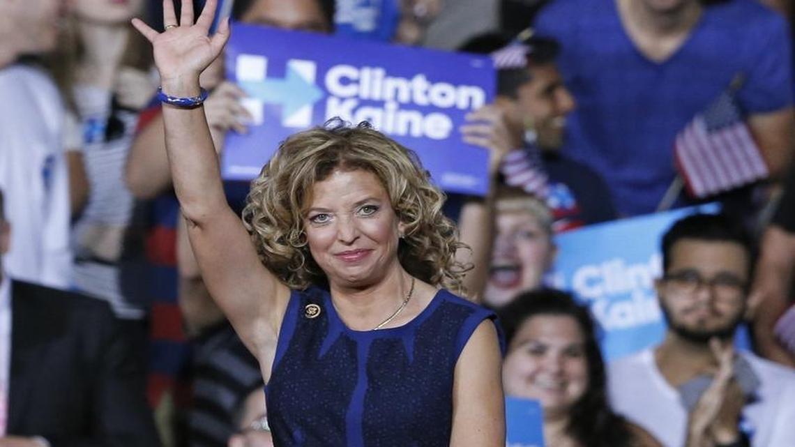 Rep. Debbie Wasserman Schultz attends a campaign rally for Hillary Clinton and running mate Virginia Senator Tim Kaine at Florida International University on Saturday, July 23, 2016.