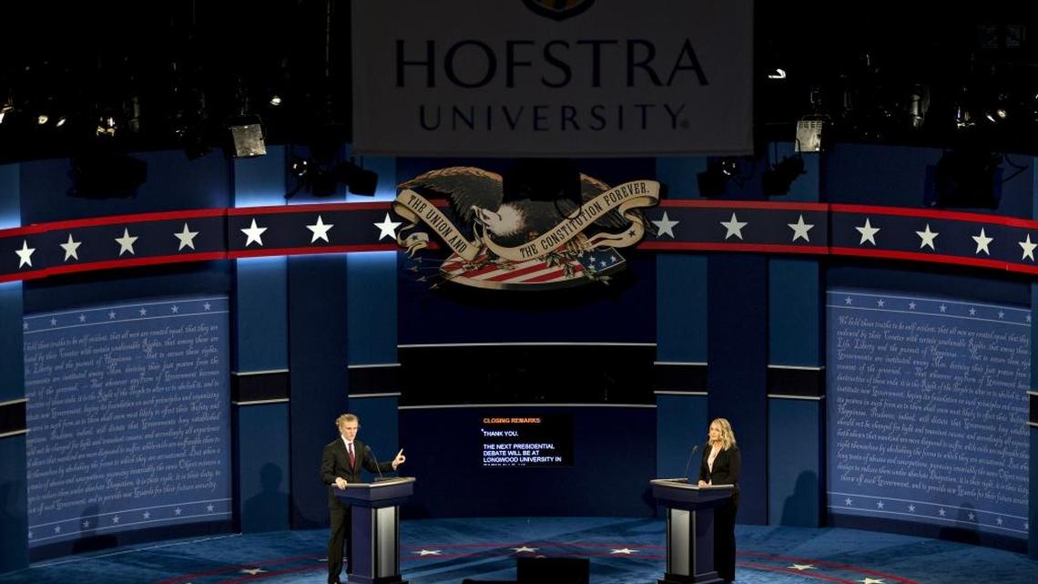 Student stand-ins act as Donald Trump, 2016 Republican presidential nominee, left, and Hillary Clinton, 2016 Democratic presidential nominee, during rehearsal Sunday for the first U.S. presidential debate inside the debate hall at Hofstra University in Hempstead, New York.
