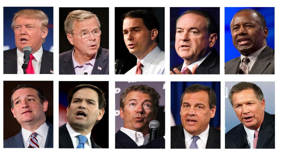 
The lineup for the first GOP presidential debate will be, top from left, are: Donald Trump, Jeb Bush, Scott Walker, Mike Huckabee and Ben Carson. Bottom, from left, are: Ted Cruz, Marco Rubio, Rand Paul, Chris Christie and John Kasich.
