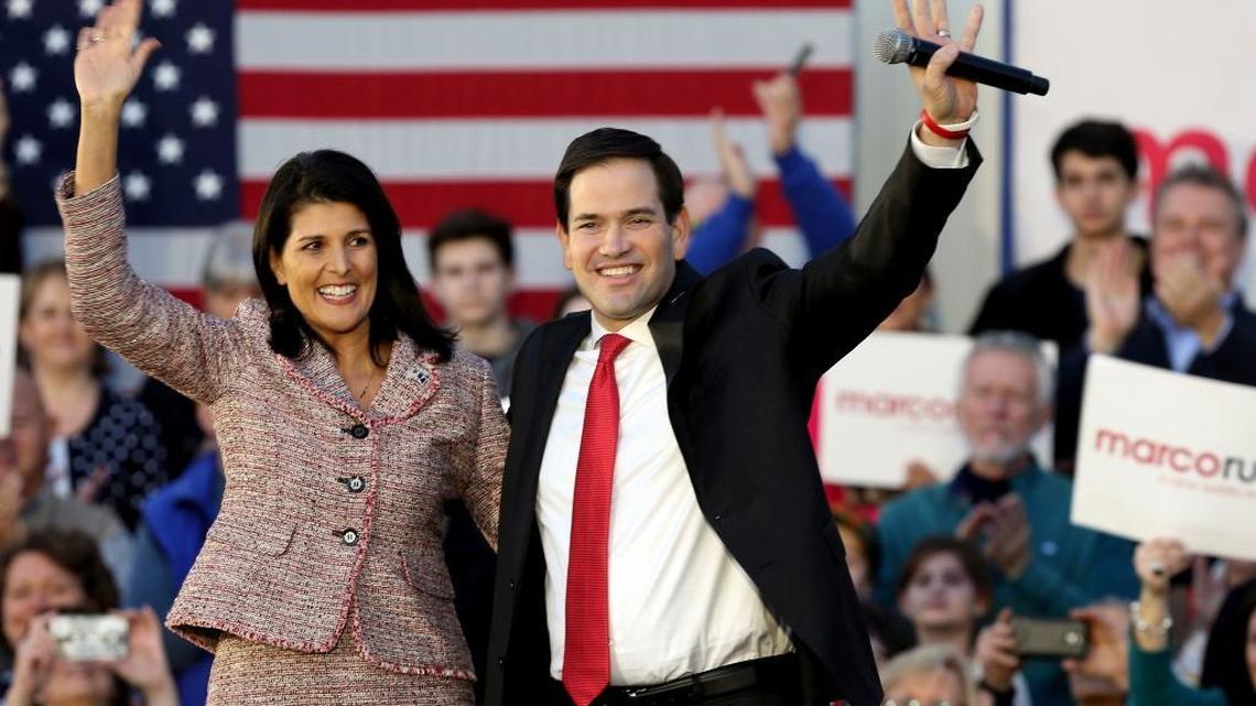 Gov. Nikki Haley, R-South Carolina, left, campaigns with Republican presidential candidate Sen. Marco Rubio, R-Florida, in Chapin, S.C., on Thursday, Feb. 18, 2016.