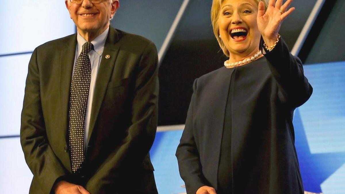 Democratic presidential candidates Hillary Clinton and Bernie Sanders at a debate Wednesday night in Miami.