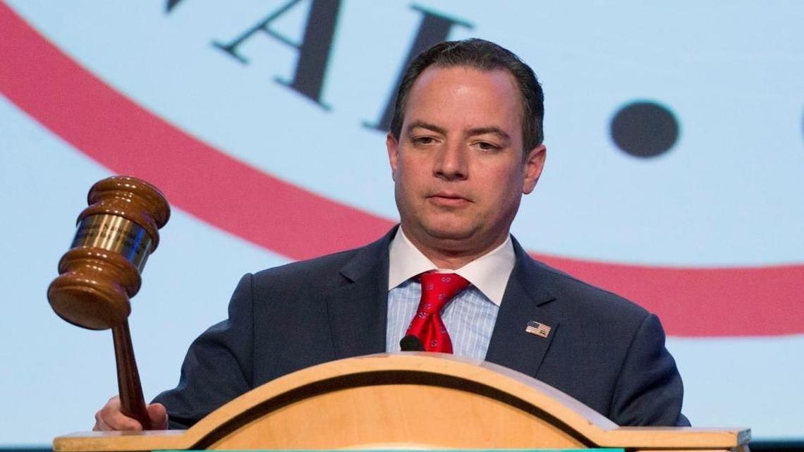 Chairman Reince Priebus bangs the gavel to signal the end of the general session of the Republican National Committee’s spring meeting Friday.