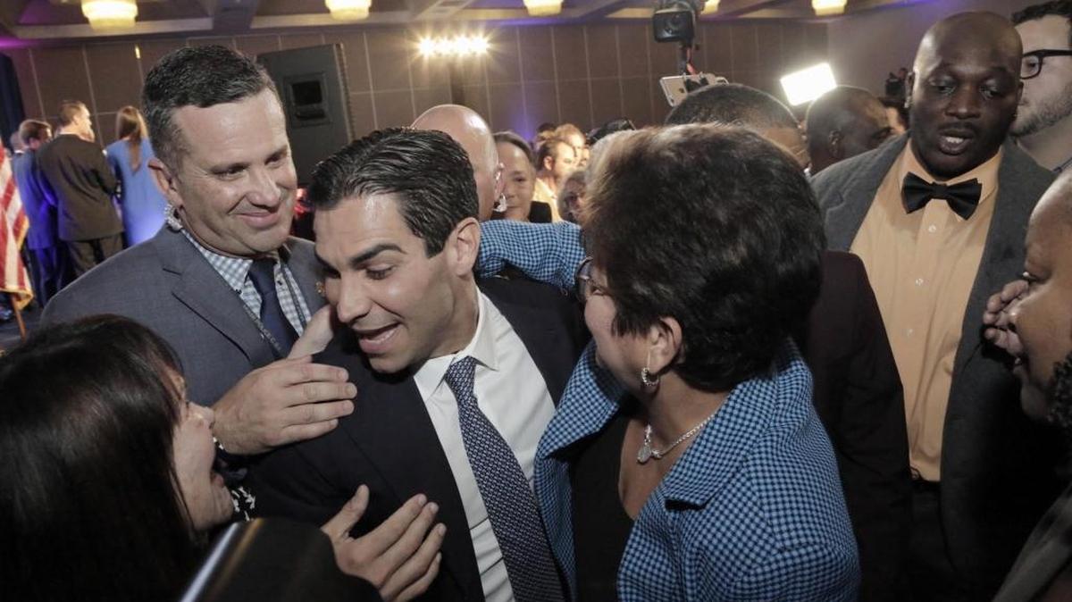 Francis Suarez is greeted by supporters at his victory party in the Omni Hilton in Miami.