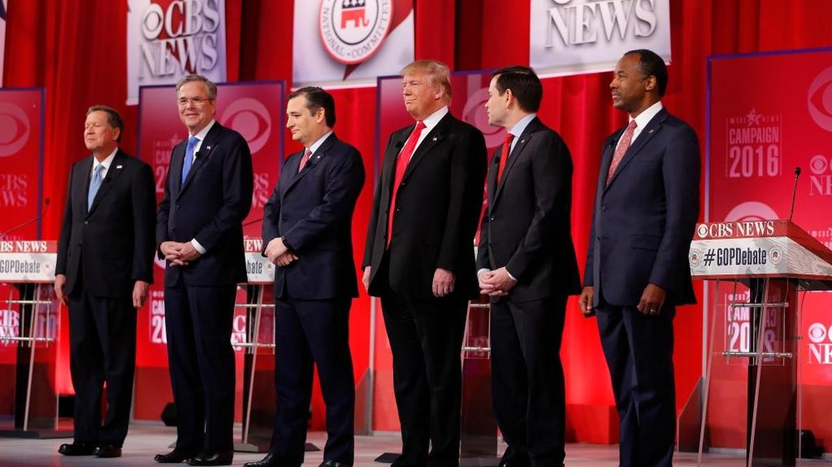 Republican presidential candidates, from left, Ohio Gov. John Kasich, former Florida Gov. Jeb Bush, Sen. Ted Cruz, R-Texas, businessman Donald Trump, Sen. Marco Rubio, R-Fla., retired neurosurgeon Ben Carson take the stage before the CBS News Republican presidential debate at the Peace Center, Saturday, Feb. 13, 2016, in Greenville, S.C.