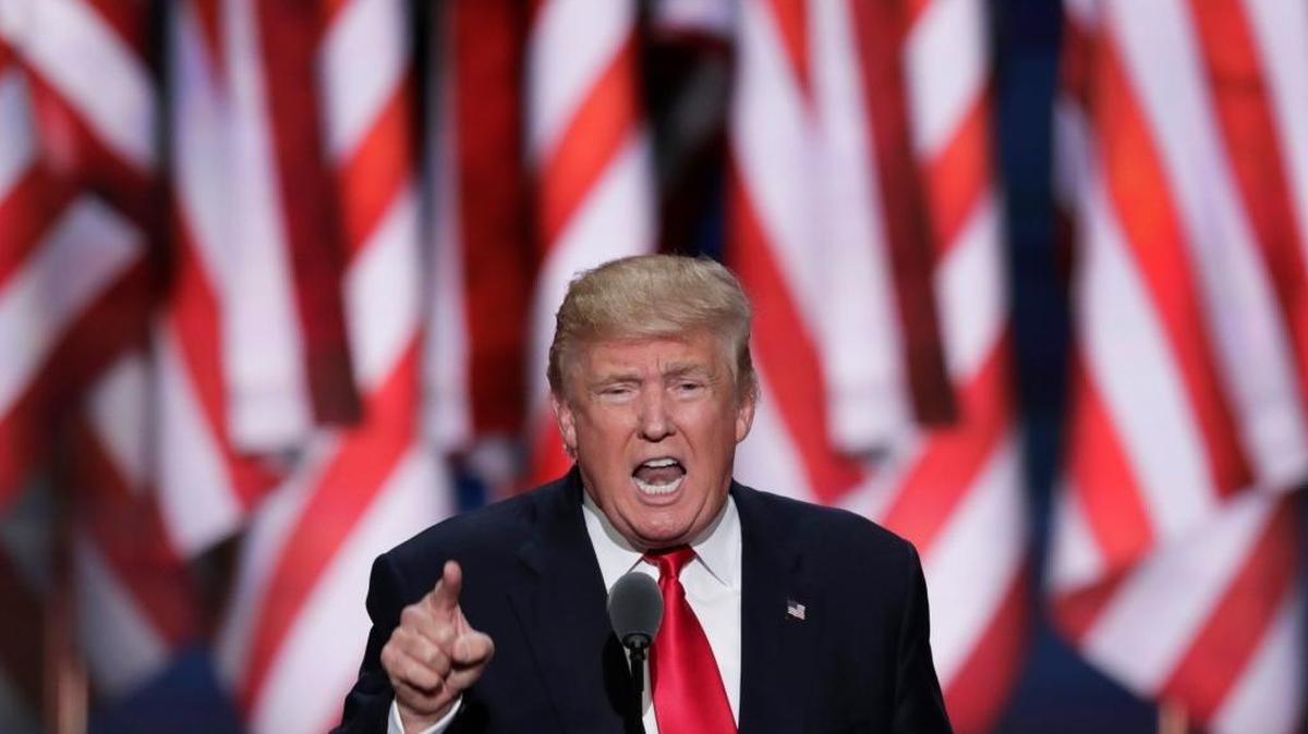 Republican presidential candidate Donald J. Trump speaks during the final day of the Republican National Convention in Cleveland Thursday night.