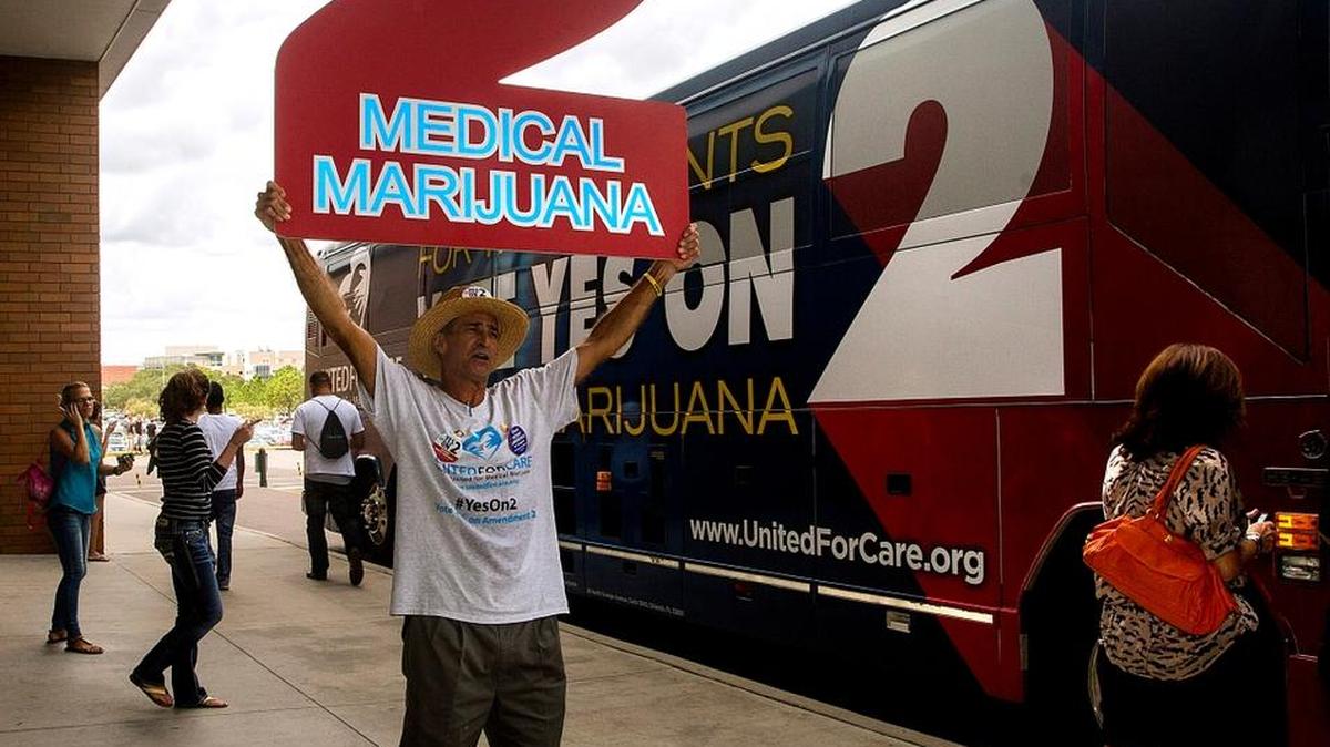 Larry Heiny of Sarasota rallies the crowd after a USF medical marijuana rally in Tampa in 2014.