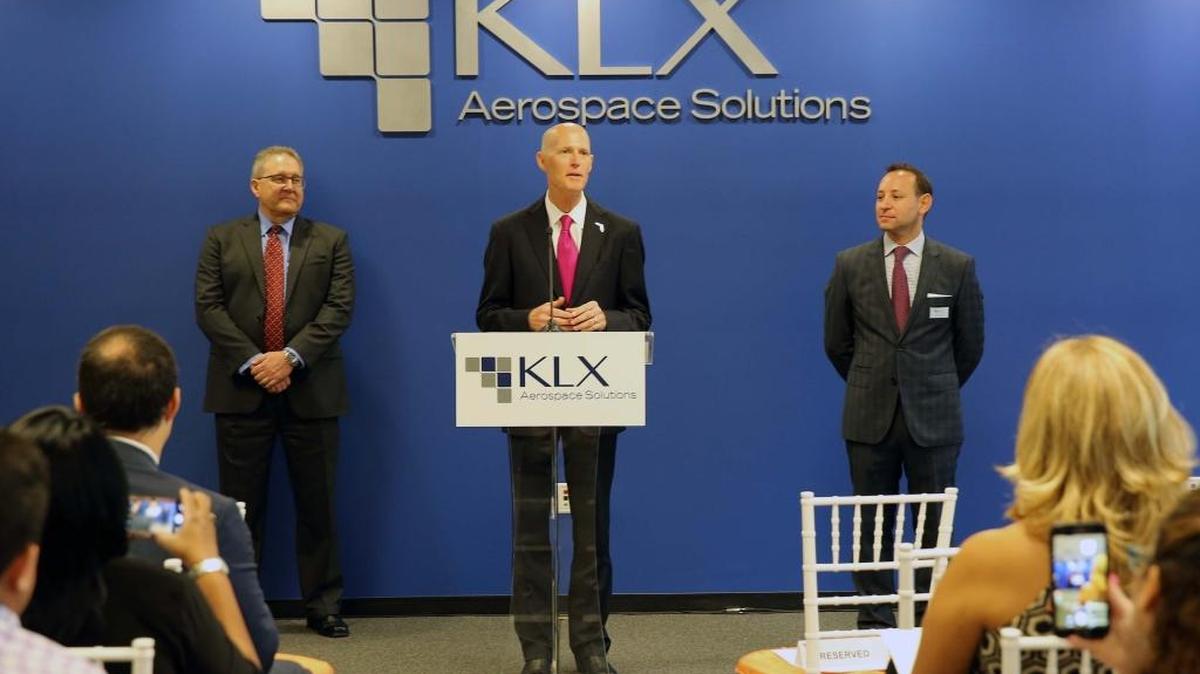 Florida Governor Rick Scott speaks at KLX Aerospace Solutions in Doral and says that 100 new jobs will be added to the current 600 Wednesday, October 26, 2016