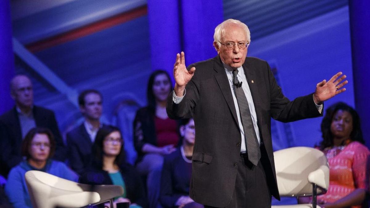Sen. Bernie Sanders speaks during a Democratic Town Hall event in Des Moines, Iowa, on Monday.