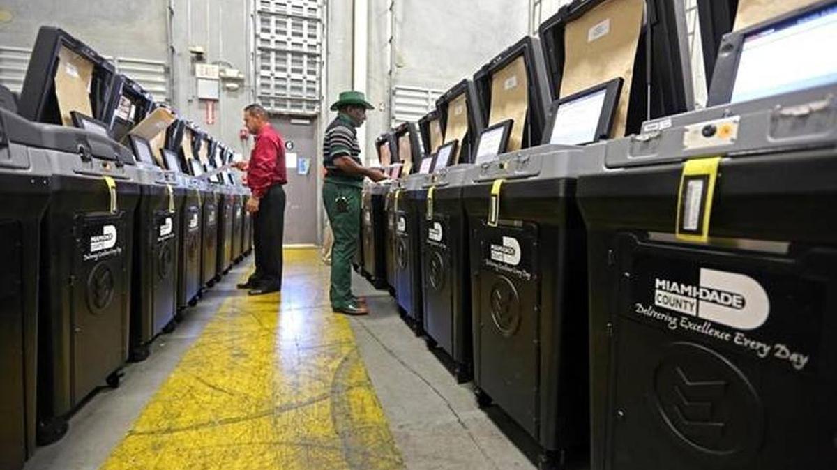 Election employees test ballot machines in preparation for early voting at the Miami-Dade County elections office.