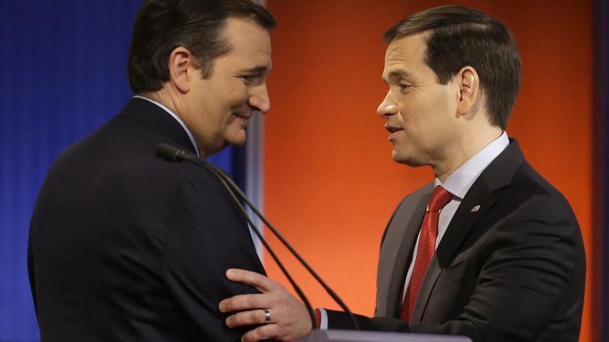 Republican presidential candidates Ted Cruz and Marco Rubio after a Republican presidential primary debate last month in Des Moines.