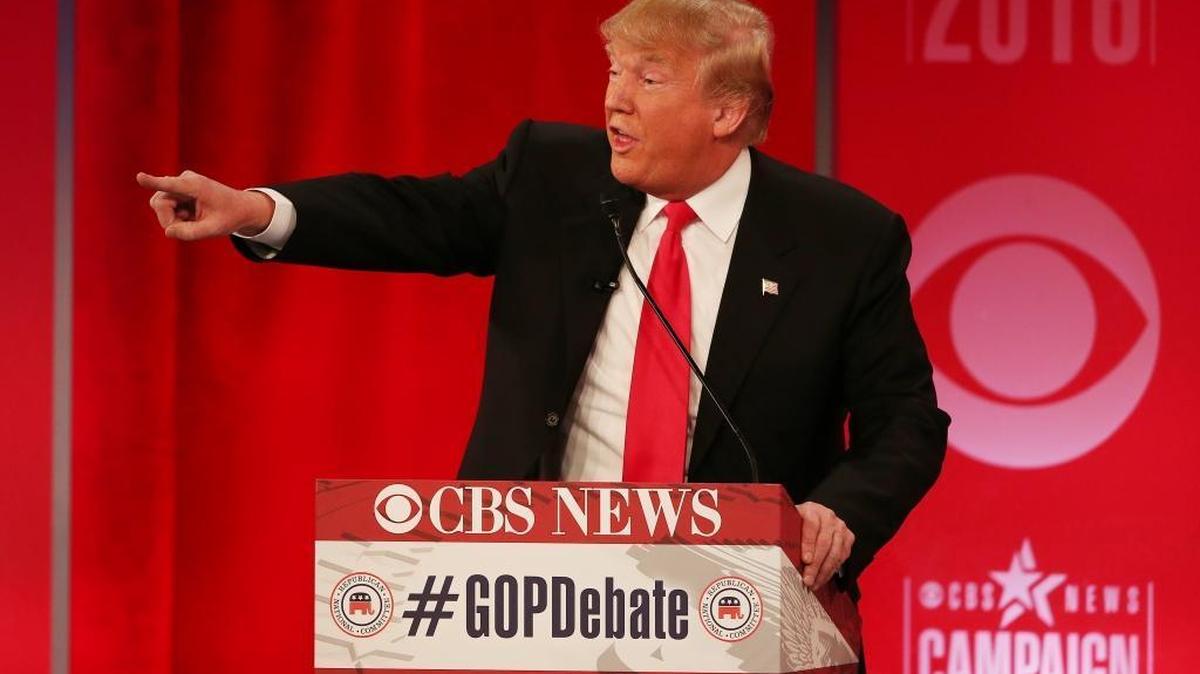 Republican presidential candidate Donald Trump speaks during the CBS News Republican presidential debate at the Peace Center on Saturday, in Greenville, S.C.