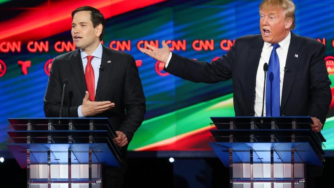 Republican presidential candidates, Sen. Marco Rubio, R-Fla, left, and businessman Donald Trump argue while answering a question during the Republican Presidential Primary Debate at the University of Houston Thursday, Feb. 25, 2016.