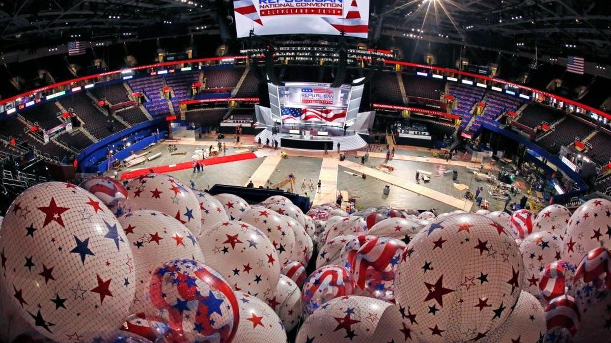 Balloons wait to be hoisted into the rafters of the Quicken Loans Arena in Cleveland in preparation for the upcoming Republican National Convention.