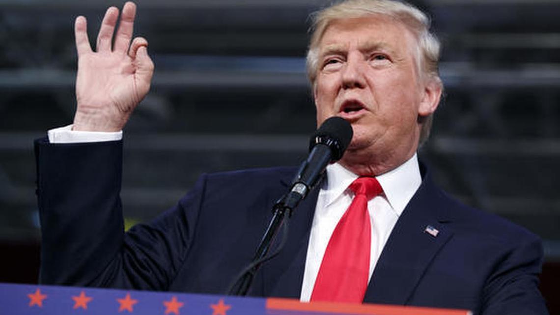 Republican presidential candidate Donald Trump speaks during a campaign rally, Monday, Oct. 10, 2016, in Ambridge, Pa.