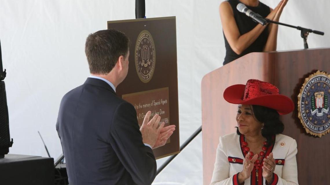 Rep. Frederica Wilson unveils a plaque dedicating the FBI field office in Miramar on April 15, 2015.