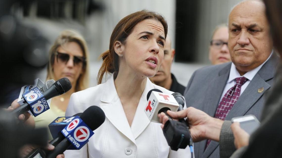 Raquel Regalado speaks to the media at the Dade County Courthouse last October.