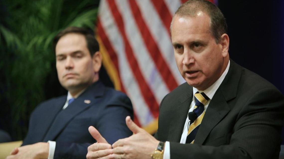 U.S. Sen. Marco Rubio and U.S. Rep. Mario Diaz-Balart at a panel discussion at Florida International University in March.