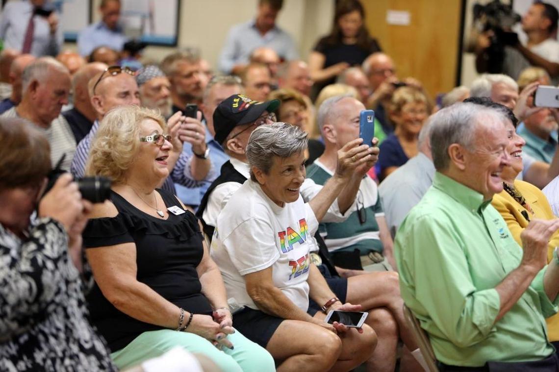 The audience laughs during a light moment as House Minority Leader Nancy Pelosi speaks Friday, May 26, 2017, at the Pride Center in Wilton Manors. Pelosi was in town to fundraise for the DCCC and to speak at the public event.