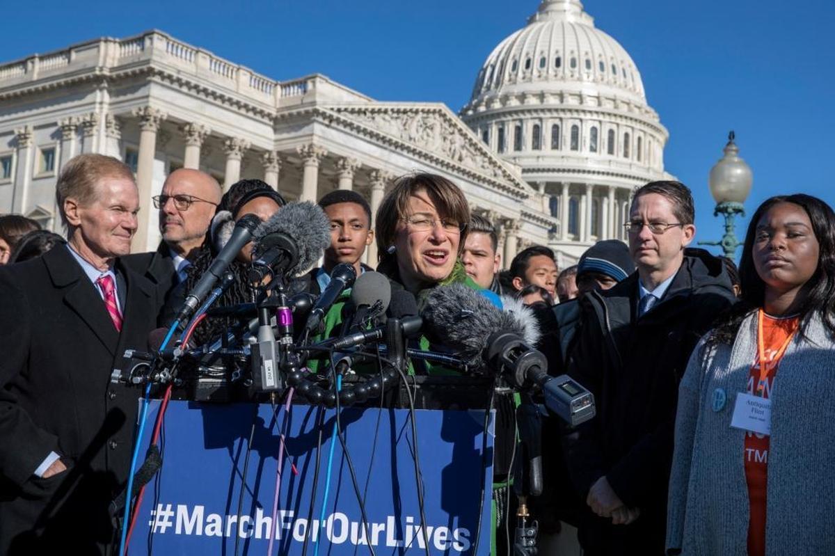 Sen. Amy Klobuchar, D-Minn., joins other lawmakers, from left, Sen. Bill Nelson, D-Fla., and Rep. Ted Deutch, D-Fla., and student activist Antiqua Flint, a student at Minneapolis South High School, far right, to speak in support of gun control at the U.S. Capitol in Washington on Friday, March 23, 2018, a day before the March for Our Lives rally in the wake of the shooting at Marjory Stoneman Douglas High School in Parkland.