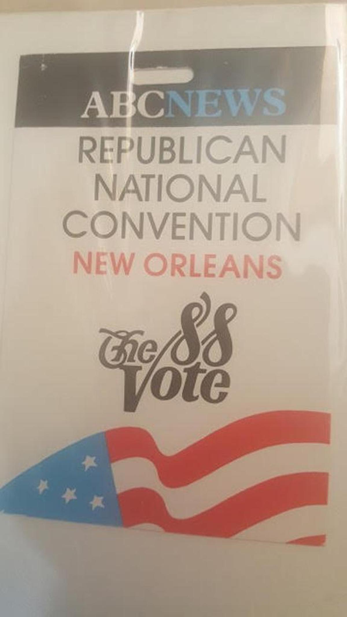 The press pass Tomas N. “Tommy” Regalado says he wore to the 1988 Republican National Convention, which he covered as a Univision intern