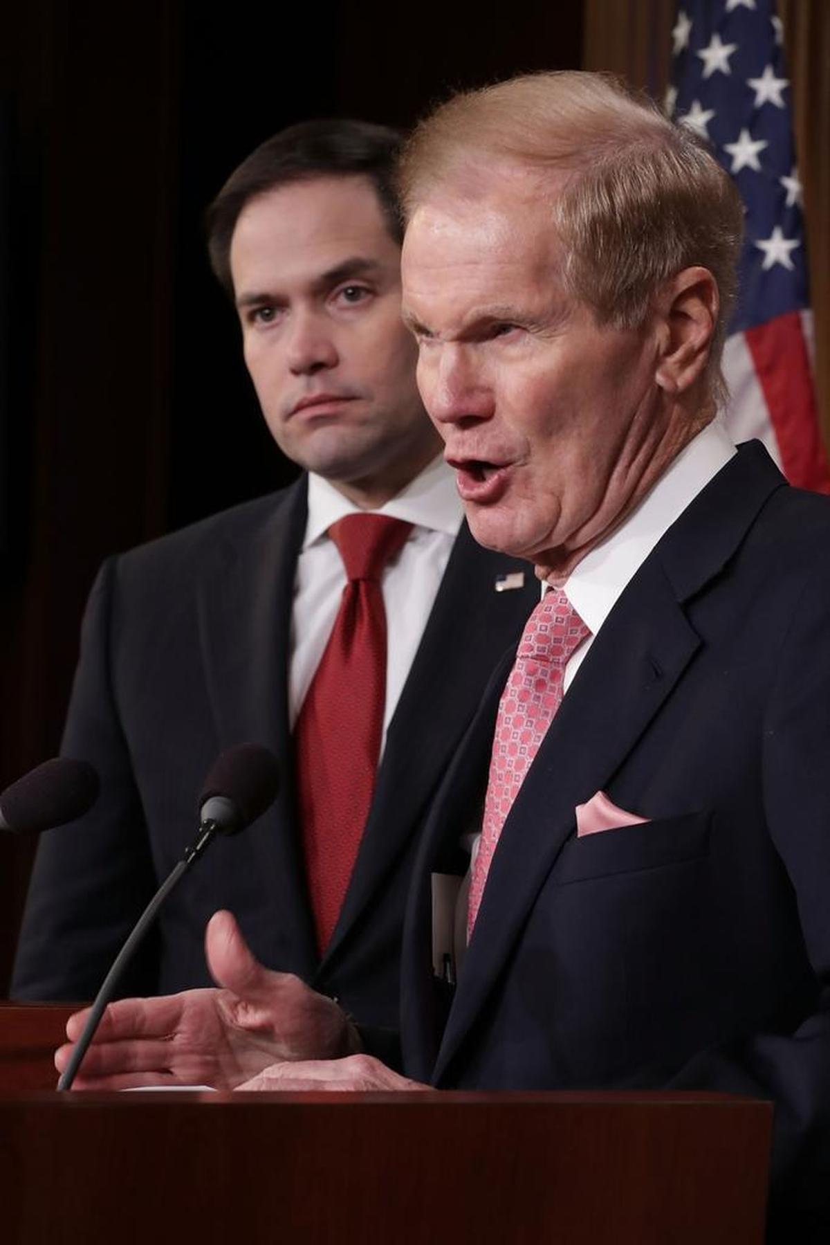 Florida senators Bill Nelson and Marco Rubio talk about their bipartisan legislation to create “red flag” gun laws during a news conference at the U.S. Capitol on March 22, 2018, in Washington, D.C. Rubio has said he won’t campaign against Nelson.