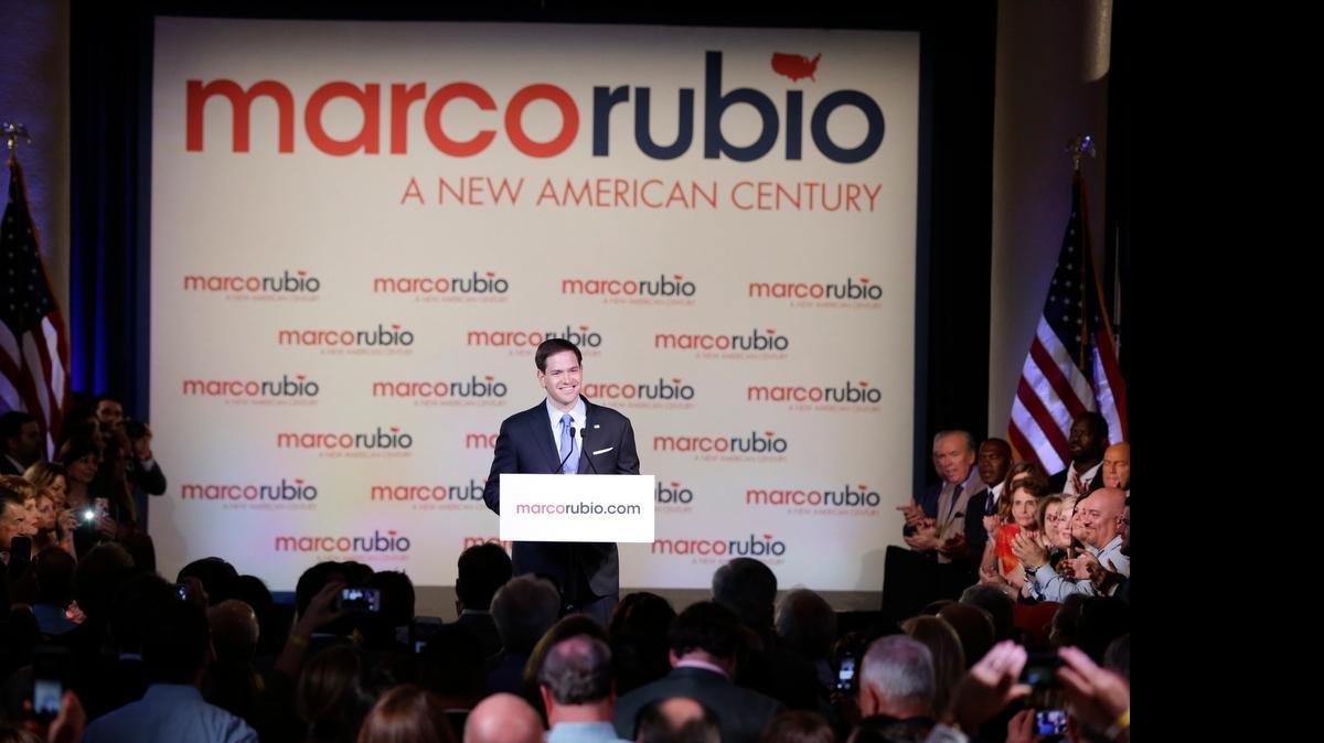
Florida Sen. Marco Rubio smiles as he speaks to supporters during his announcement that he is running for the Republican presidential nomination, during a rally at the Freedom Tower, Monday, April 13, 2015, in Miami.
