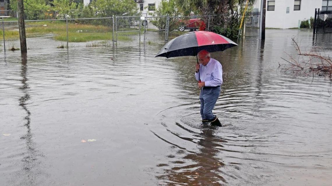 City of Miami Mayor Tomas Regalado walks through the flooded streets in Shorecrest after a combination of rain and King Tide flooded the area, October 5, 2017.