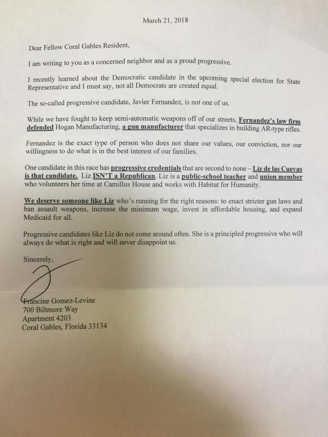 This letter was sent to a Democratic voter in Coral Gables.